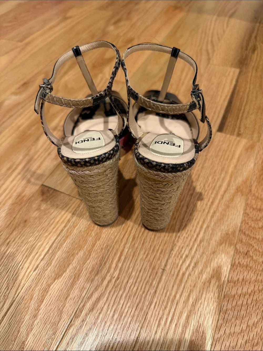 Fendi Black Patent Leather & Snake-Print Wedge Sandals